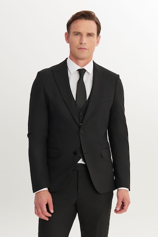 AC&Co / Altınyıldız Classics Erkek Sıyah Slim Fit Dar Kesim Kırlangıç Yaka Kapak Cepli Yelekli Takım Elbise Siyah