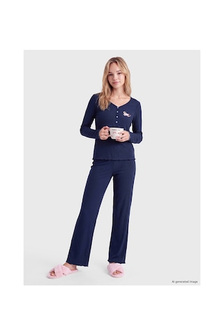 Lcw Young Lacivert V Yaka Nakışlı Kadın Pijama Takım