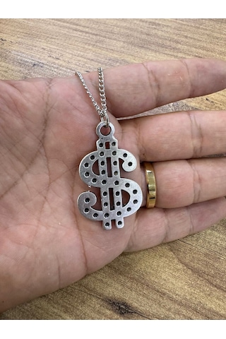 Dolar Simgeli Antik Tasarım Kolye Gümüş Renk Unisex 60 Cm Paslanmaz Çelik Zincirli Çok renkli