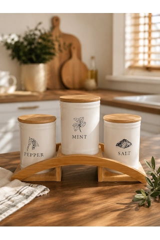 Bambu Standlı 3 Lü Baharatlık Seti Salt, Pepper & Mint Beyaz