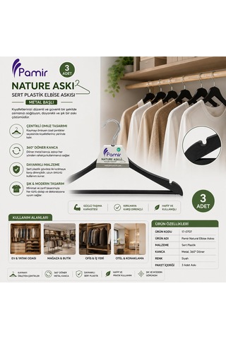 Pamir Pmr-128 Natural Elbise Askısı 3 Adet Metal Başlı Sert Plastik Diğer