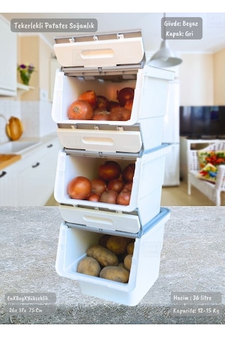 3'lü Tekerlekli Patateslik Soğanlık Bpa Free Oyuncaklık Erzak Kutusu Sebzelik Gri 36 Lt Gri Beyaz