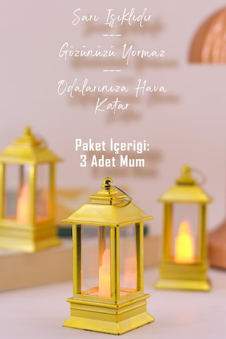 3 Adet Led Mum Mini Dörtgen Tip Pil Dahil Dumansız Alev Ledli Yapay Dekoratif Mum Işığı Altın Pt434 Altın