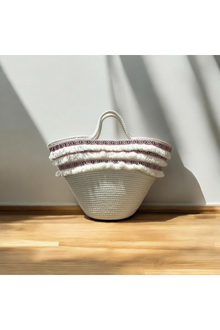 Hasır Çanta, Plaj Çantası, Tasarım Çanta, Ekru Pembe Şeritli El Çantası Ekru