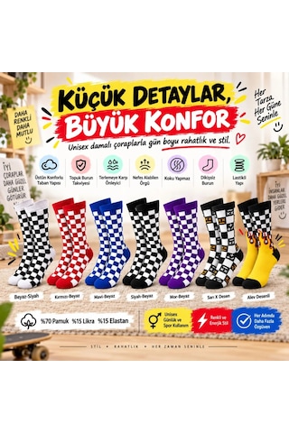 Storeşahin Unisex Çorap Dama Desenli Renkli 7'li Set Kareli Alev Desen Uzun Soket Günlük Spor Çorabı Shn0720 Çok Renkli
