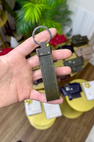 Eskitme Yeşil Hakiki Deri Premium Anahtarlık Kişiye Özel İsim Baskılı