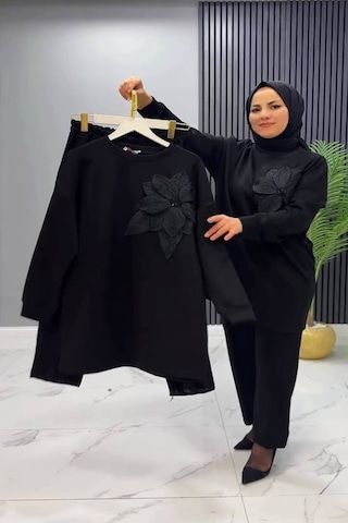 Vioshine Vıoshıne Kadın Çiçek Motifli Modal Kumaş İkili Takım Siyah