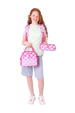 Kaukko Nature Üçlü Kız Çocuk Okul Çanta Seti - Pembe - Dama Ve Kalp Desenli Pembe - Mavi