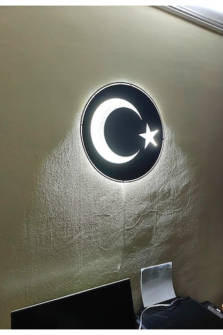 Motto Dekor Lazer Kesim Metal Türk Bayrağı Görselli Beyaz Led Işıklı Duvar Dekoru Duvar Aydınlatması Siyah