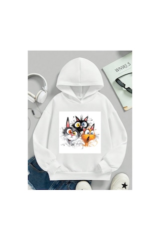 Stil X Sevimli Kediler Baskılı Kapüşonlu Çocuk Sweatshırt Beyaz-3