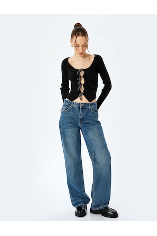 Koton Fiyonklu V Yaka Slim Fit Crop Triko Hırka Siyah 5sal90020ht Siyah