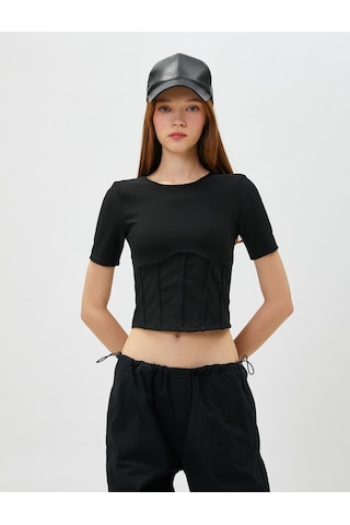 Koton Crop Tişört Korse Görünümlü Kısa Kollu Bisiklet Yaka Siyah 3sal10718ık 3SAL10718IK999 Siyah