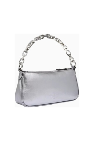 Pinko Mini Half Moon Lamineli Süet Gümüş Lüks Baguette Çanta, Şık Ve Çok Yönlü Omuz Çantası