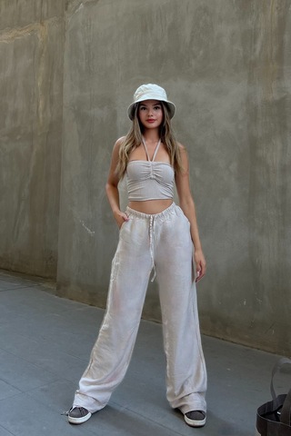 Pembe Keten Karışımlı Bol Kesim Pantolon Bej