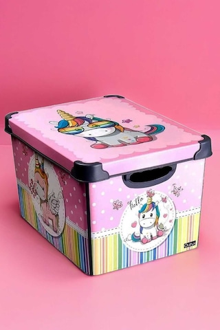 Style Box Retro Unicorn Desenli 20 L Dekoratif Oyuncak Ve Saklama Kutusu Pembe