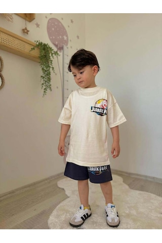 Miniko Kids Erkek Çocuk Jurassic Park Pamuk Şortlu Takım Ekru