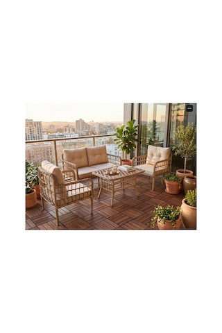 Galvaniz Gövdeli 2+1+1+masa Rattan Bahçe Balkon Mobilyası, Bahçe Takımı Ceviz-gri