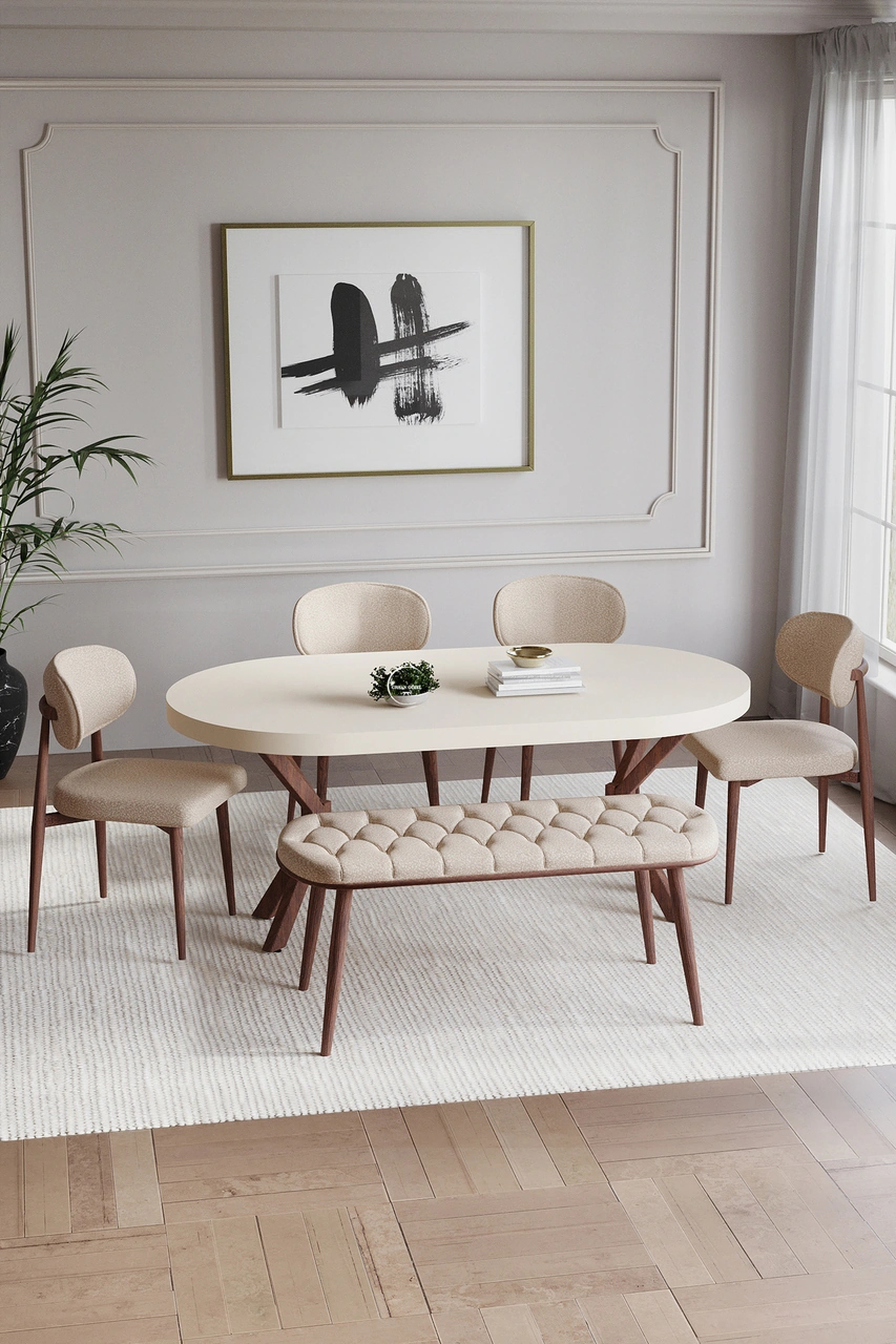 Bohem Polo Mutfak Masası Takımı 6 Kişilik Bencli Ahşap Görünümlü Kapiçino Ahşap Görünümlü