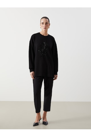 Lcwaıkıkı Classic Siyah Bisiklet Yaka Boncuk İşlemeli Kadın Sweatshirt Tunik