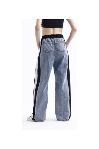 Polopass 025 Kadın Bol Paça Yan Şerit Penye Kot Denim Pantolon Siyah