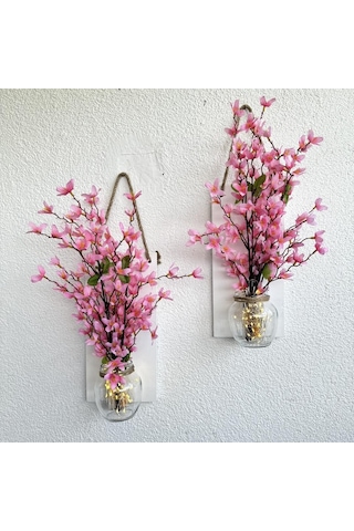Led Işıklı, Pembe Sakura Çiçekli Duvar Dekoru Beyaz İkili Set