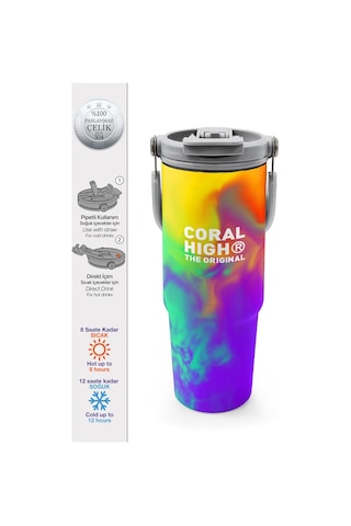 Coral High Renkli Desenli Pipetli Ve Direkt İçim Çelik Termos 900 Ml 38738 Mor