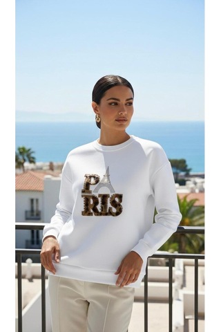 Taş Detaylı Eyfel Ve Paris Yazılı Oversize Sweatshirt Beyaz