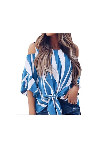 Kadın Gömlek Yuvarlak Yaka Askısız Bol Dikey Çizgili Günlük Üst Açık Mavi