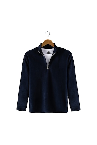 Lacivert Yarım Fermuarlı Regular Kalıp Dik Yaka Polar Sweatshirt Lacivert