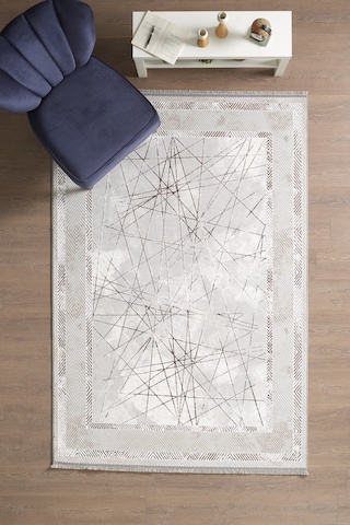 Modern Tasarımlı Pamuk Tabanlı Geometrik Desenli Saçaklı Bej Renkli Halı Bej