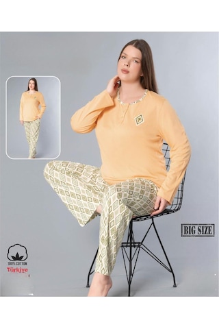 Melodi Kadın Büyük Beden Standart Kalıp %100 Pamuk Düğmeli Yaka Uzun Kol Baharlık Pijama Takımı 17096- 1 Adet Turuncu