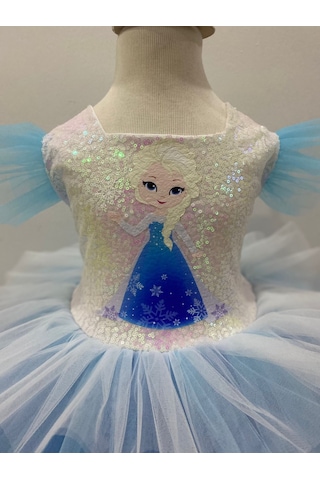 Kara Kedi Kostüm Evi- Baskılı Kısa Elsa Elbise Mavi