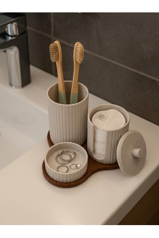 Banyo Seti 3 Parça Diş Fırçalık, Kapaklı Pamukluk Ve Takı Standı Modern Organizer Bej-kahverengi