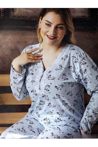 Sude Kadın Bambu Büyük Beden Uzun Kol V Yakası Nakışlı İnce Pijama Takımı P/4331- 1 Adet 001