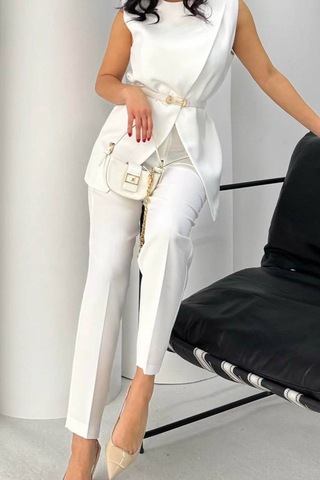 Neşeli Butik Kadın Beyaz Kemer Detaylı Yelek Pantolon İkili Takım Nbstr4061