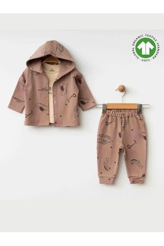 Erkek Bebek Kapüşonlu Dinazor Baskılı 3lü Eşofman Takım-15469 Kahverengi