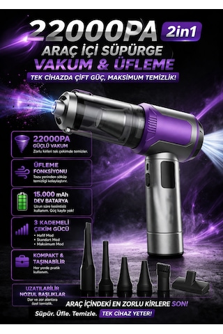 22000pa 2in1 Araç İçi Süpürge Üfleme Fonksiyonlu 15.000mah Şarjlı Kablosuz Mini Vakum
