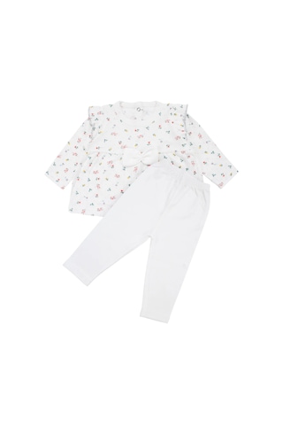 Bebegen Kız Bebek Ekru Renkli Minik Çiçek Desenli Fırfırlı Pijama Takımı