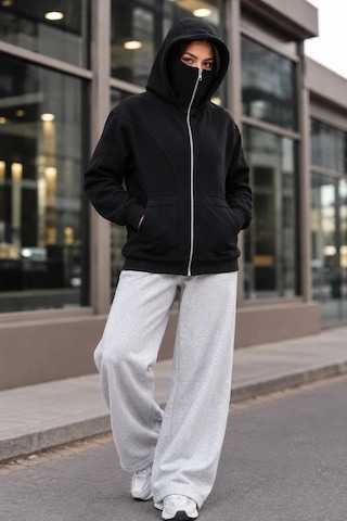 Novalisse Kadın Maskeli Ninja Model Çift Kapüşonlu 3 İplik Şardonlu Fermuarlı Oversize Sweatshirt - Siyah Çoklu Renk