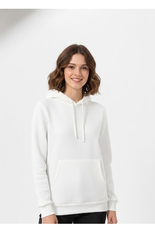 Süvari Oversize Geniş Kesim Pamuklu Yumuşak Dokulu Içi Polarlı Basic Kapüşonlu Sweatshirt Beyaz