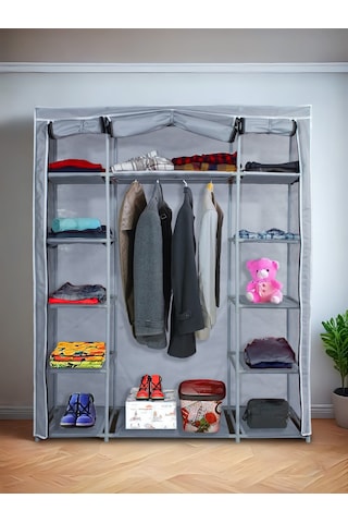 Bez Dolap Ruba Çift Yandan Raflı Portatif Gardırop Güçlendirilmiş Pvc Profil Gri Gri