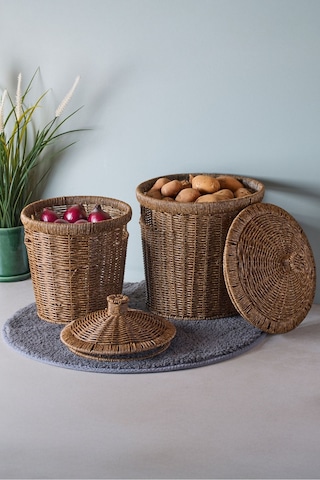 Bansko 2'li Koyu Kahverengi Patates Soğan Sepeti Koyukahverengı Hasır Kahve