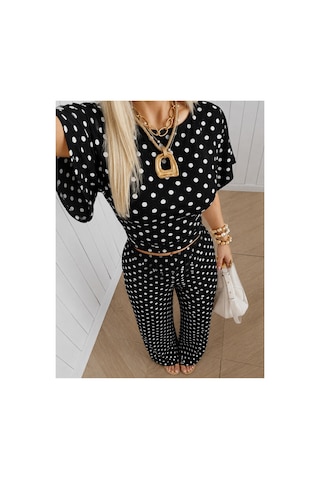 Hımmelduf Kadın Puantiyeli İkili Takım Crop Bluz Bol Paça Pantolon Siyah