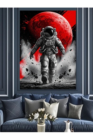 Kırmızı Ay Ve Astronot Dekoratif Kanvas - Mdf Ahşap Tablo