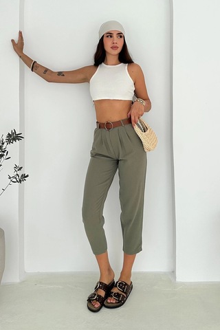 Kemer Detaylı Keten Pantolon Haki Haki