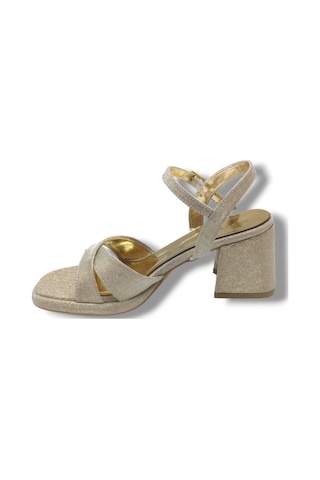 Erbay 405-26 Simli Çupra Kumaş Çapraz Bant Kalın Topuk Kadın Sandalet 7cm Altın