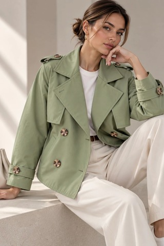 Bb Butik Basic Kısa Kruvaze Trençkot Düğme Detaylı Modern Kesim Qn3434 Su Yeşili