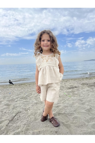 Robası Nakışlı Keten Kız Çocuk Takım Natürel Bej