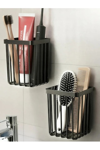 2'li Set Yapışkanlı Banyo Saç Fırçası Tarak Düzenleyici Diş Fırçalık Çok Amaçlı Mutfak Duvar Rafı Siyah