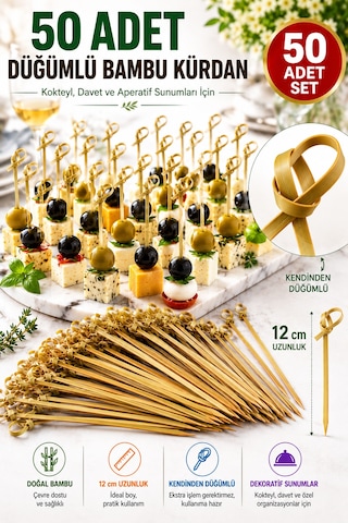 50 Adet Düğümlü Bambu Kürdan 12 Cm Kokteyl Parti Davet Aperatif Sunum Kürdanı 50'li Set Paket